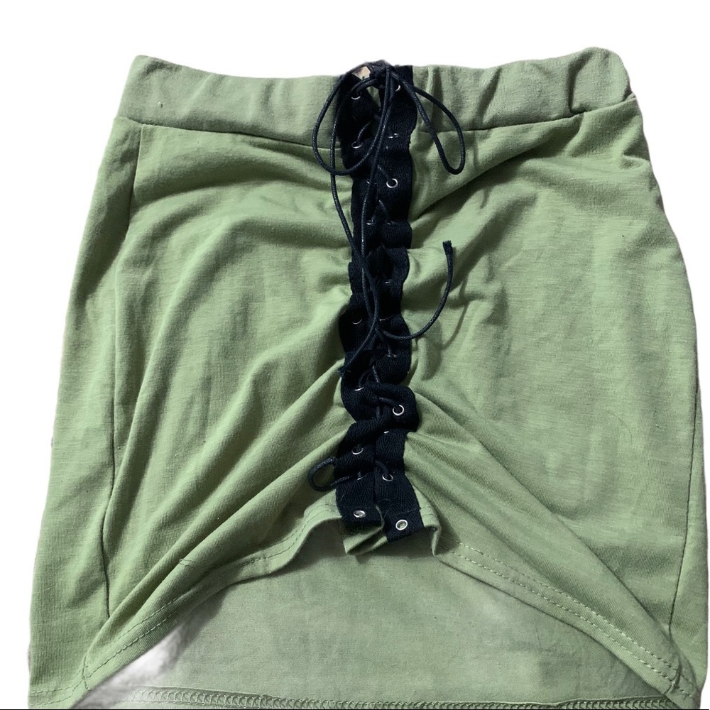 Olive Lace up Crop top with Skirt set